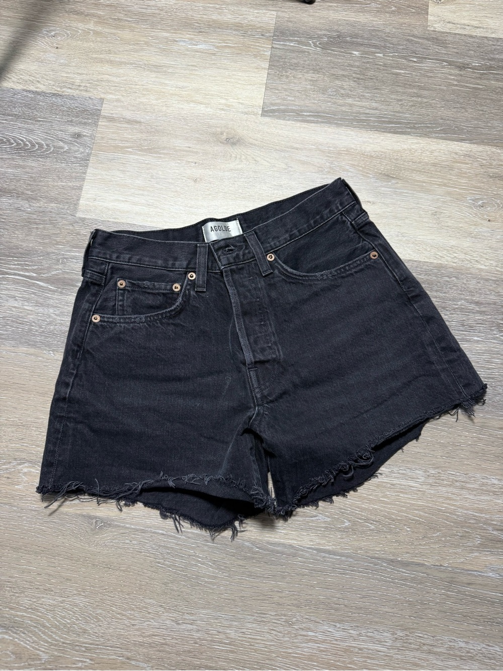 Agolde Black High-Rise Raw Hem Denim Shorts